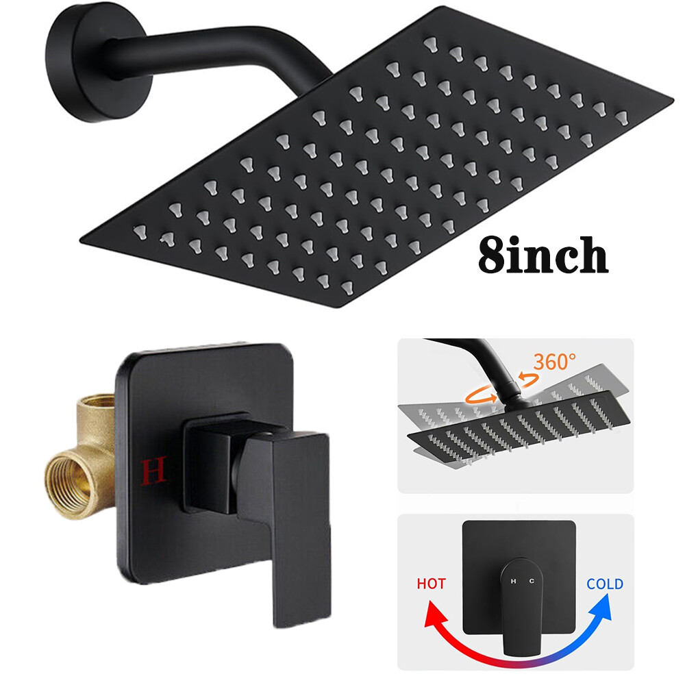 8" Rainfall Shower Head Combo System with Mixer Valve Kit Shower Faucet Black