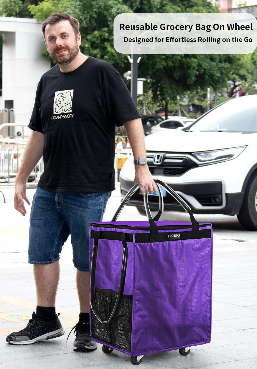 (Medium,Violet) Reusable Grocery Bag on Wheels, 70L Foldable Rolling Tote, Ex... gallery