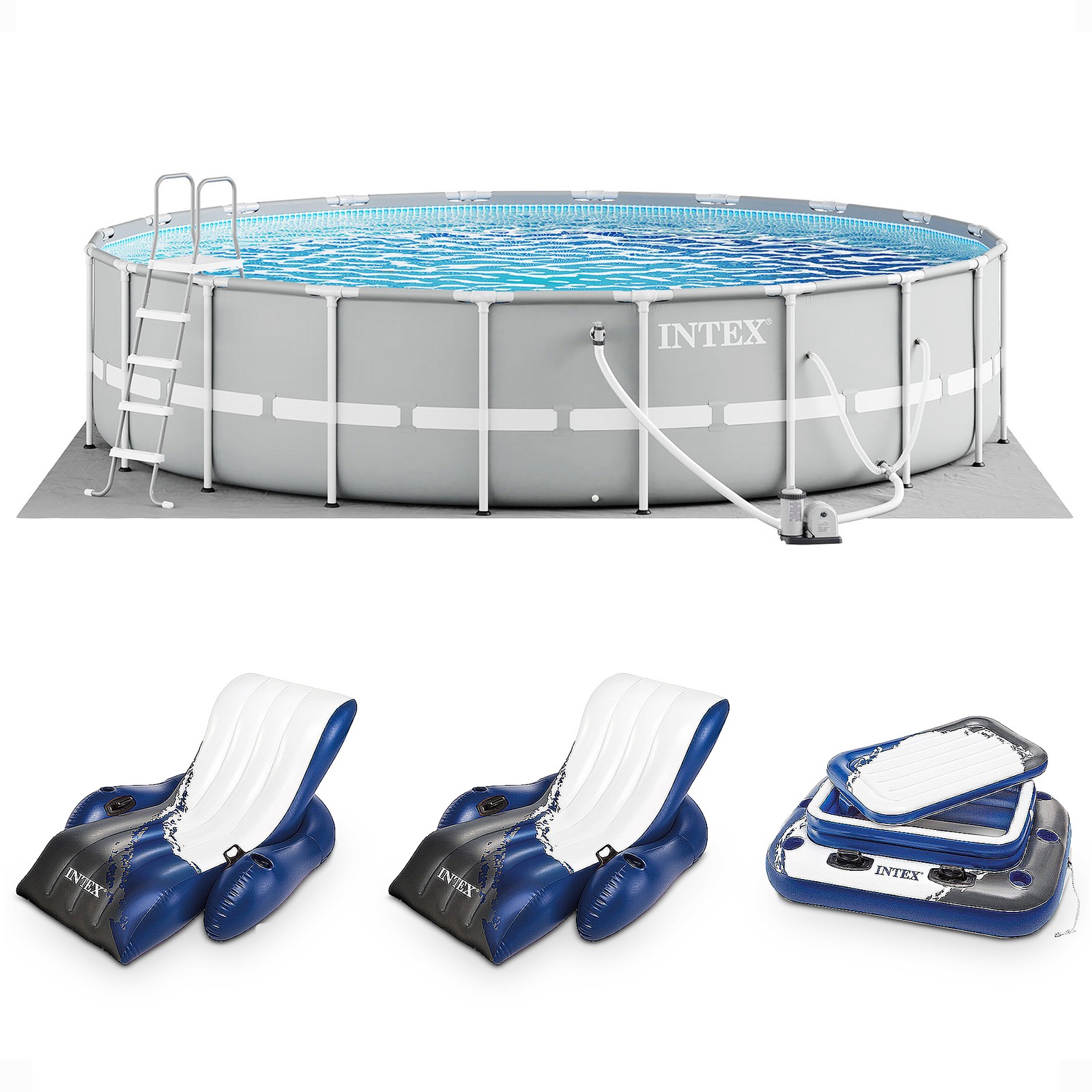 Intex Prism Frame 20ft x 52in Above Ground Pool, Lounger Float (2 Pack) & Cooler gallery