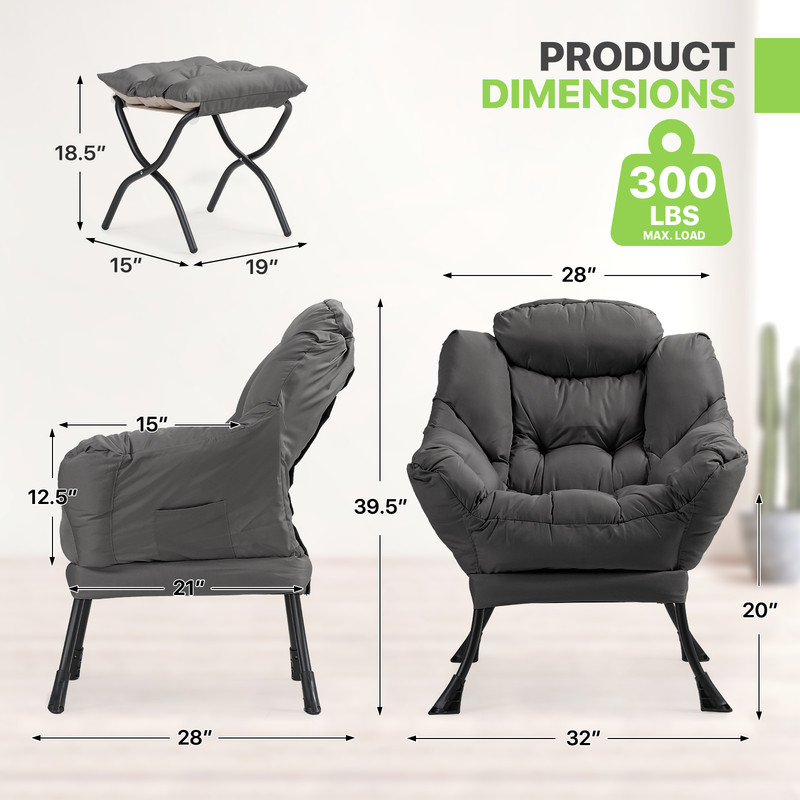 Gray Soft Accent Chair Upholstered Modern Living Room Lazy Sofa Chair w/Ottoman gallery