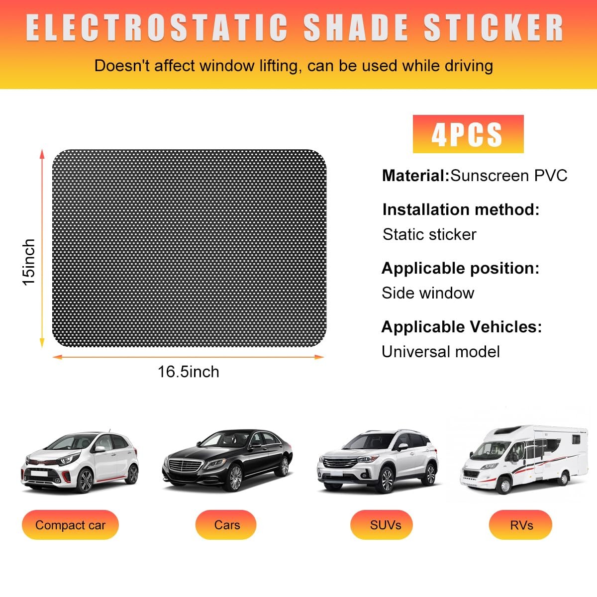 Ohleats 4 PCS Car Side Window Sunshade, 16.5"×15" Static Cling Auto Black gallery