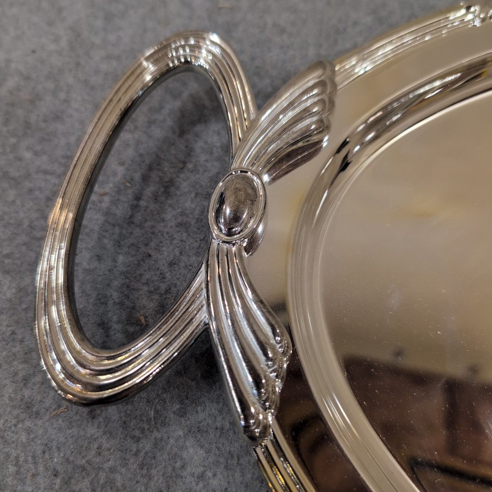 Silver Tone Oval Serving Tray with Decorative Handles Polished Mirror Finish gallery