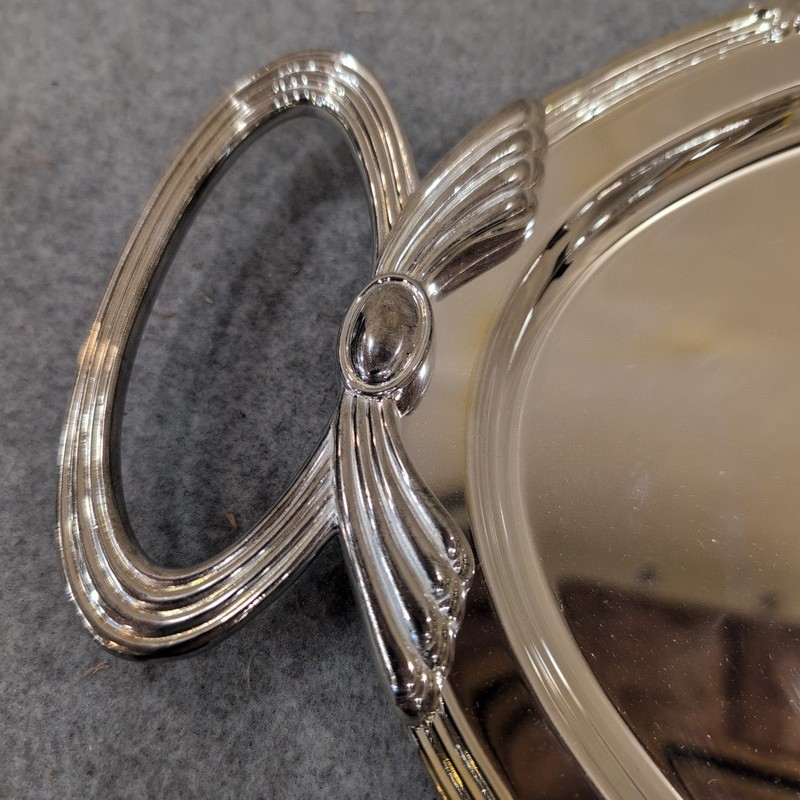 Silver Tone Oval Serving Tray with Decorative Handles Polished Mirror Finish gallery