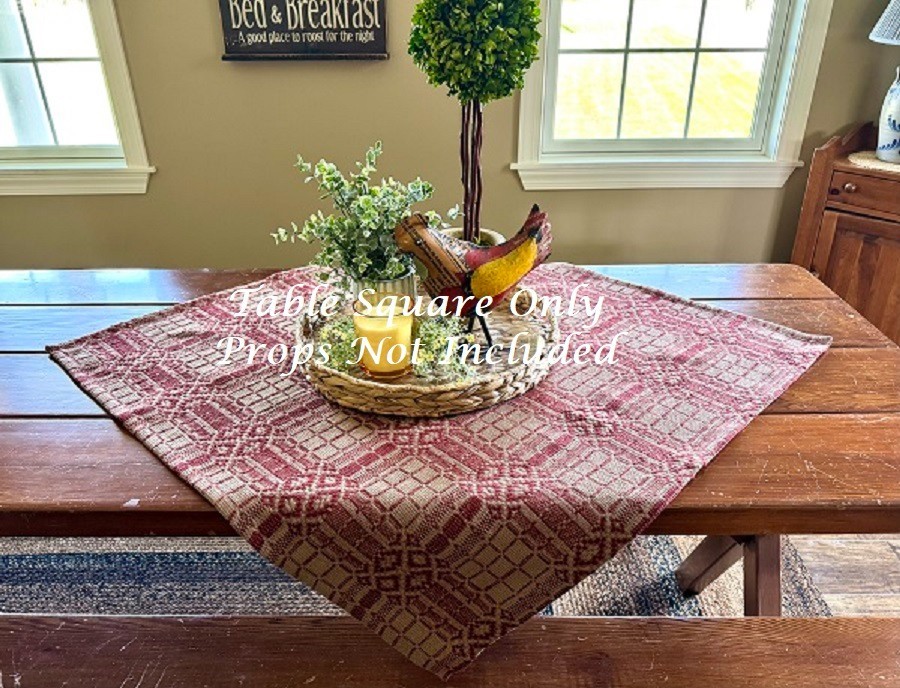 New PRIMITIVE TABLE SQUARE RED TAN NORMANDY 34"x34" Farmhouse Cotton Coverlet gallery