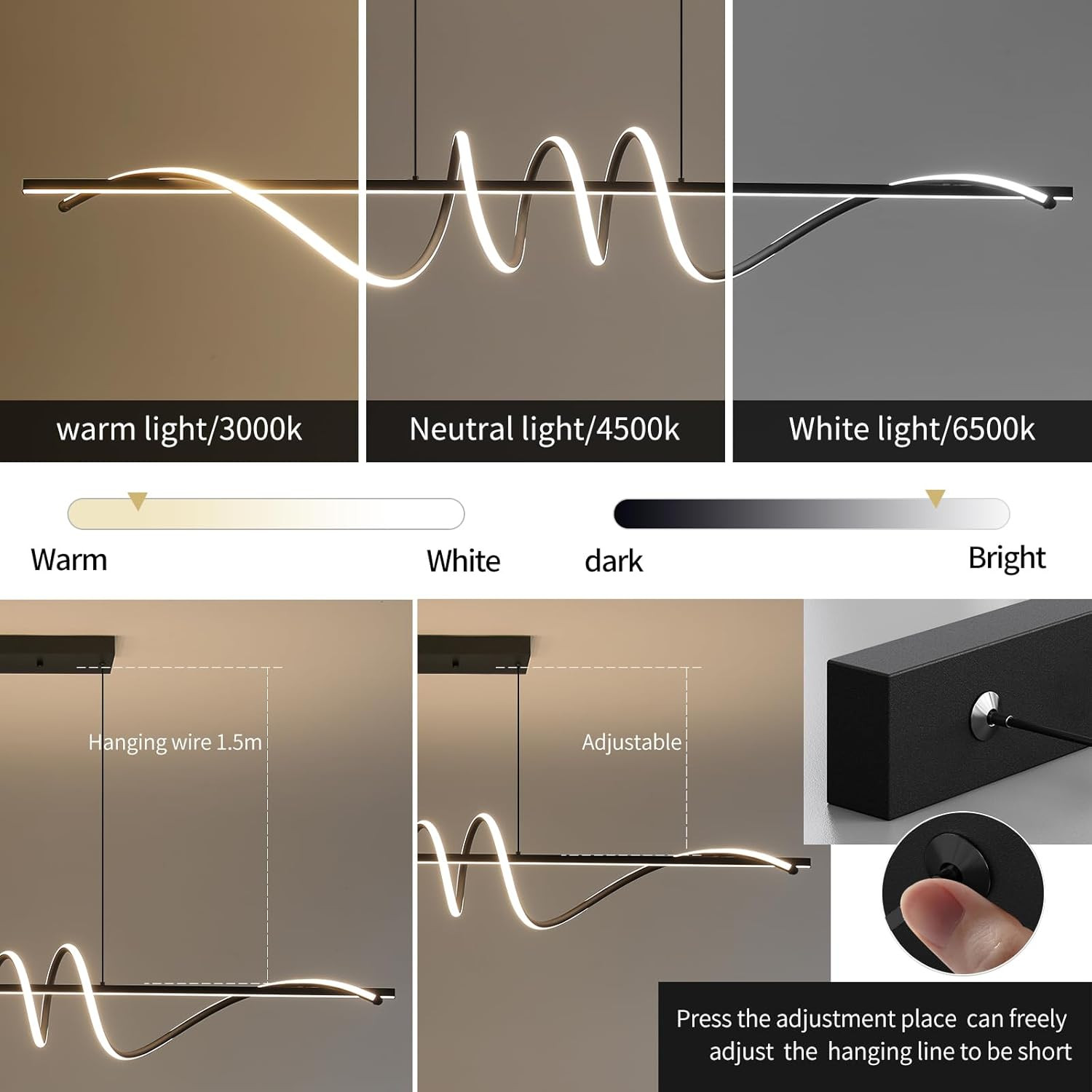Dimmable Modern Chandelier Light with Remote, 3 Color Modes, 57In Black gallery