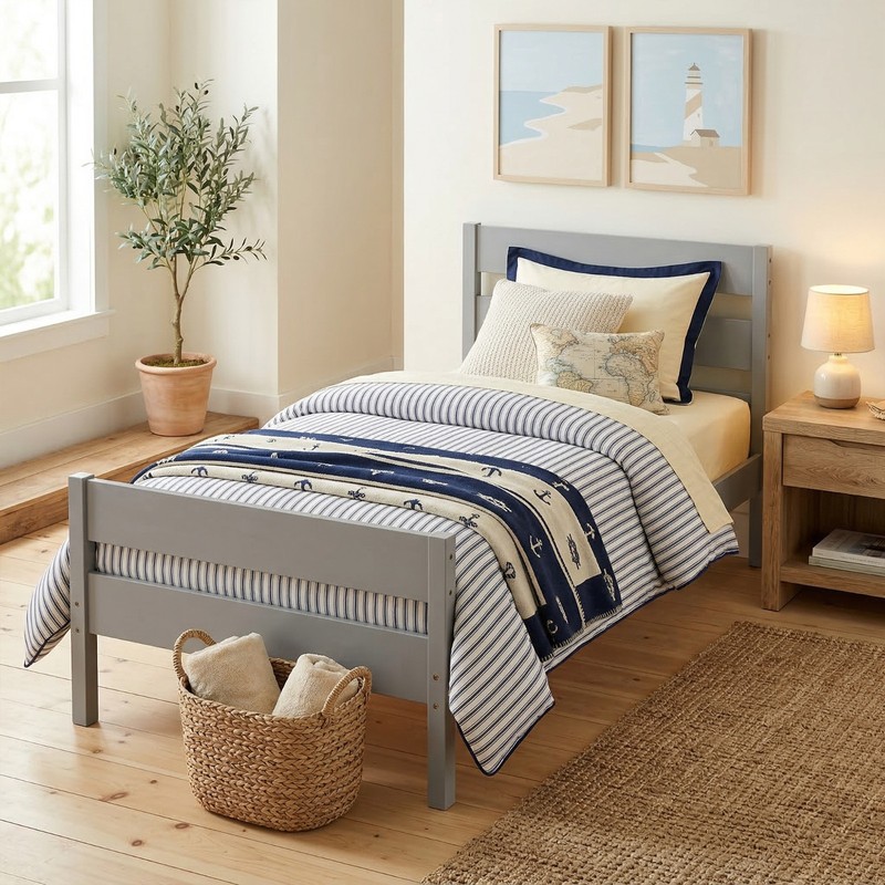 Gray Twin Size Platform Bed Frame Solid Pine Wood with Slat Support gallery