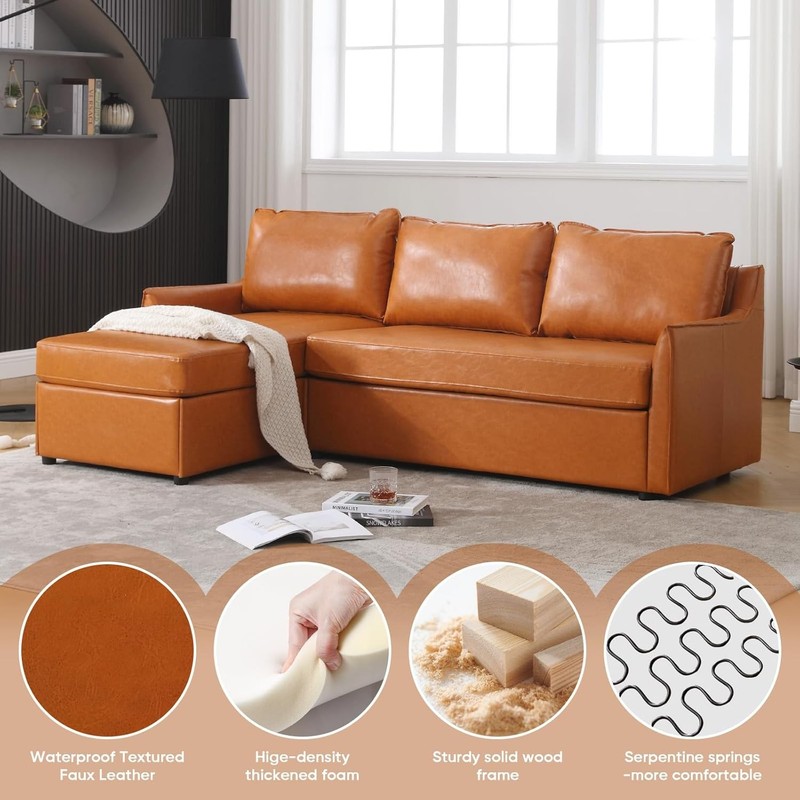 80.7" Convertible L-Shaped Sectional Sofa Faux Leather Storage Brown 3-Seater gallery