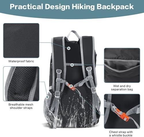 Hiking Backpack, 40L Lightweight Camping Backpack with Rain Cover, Black 4