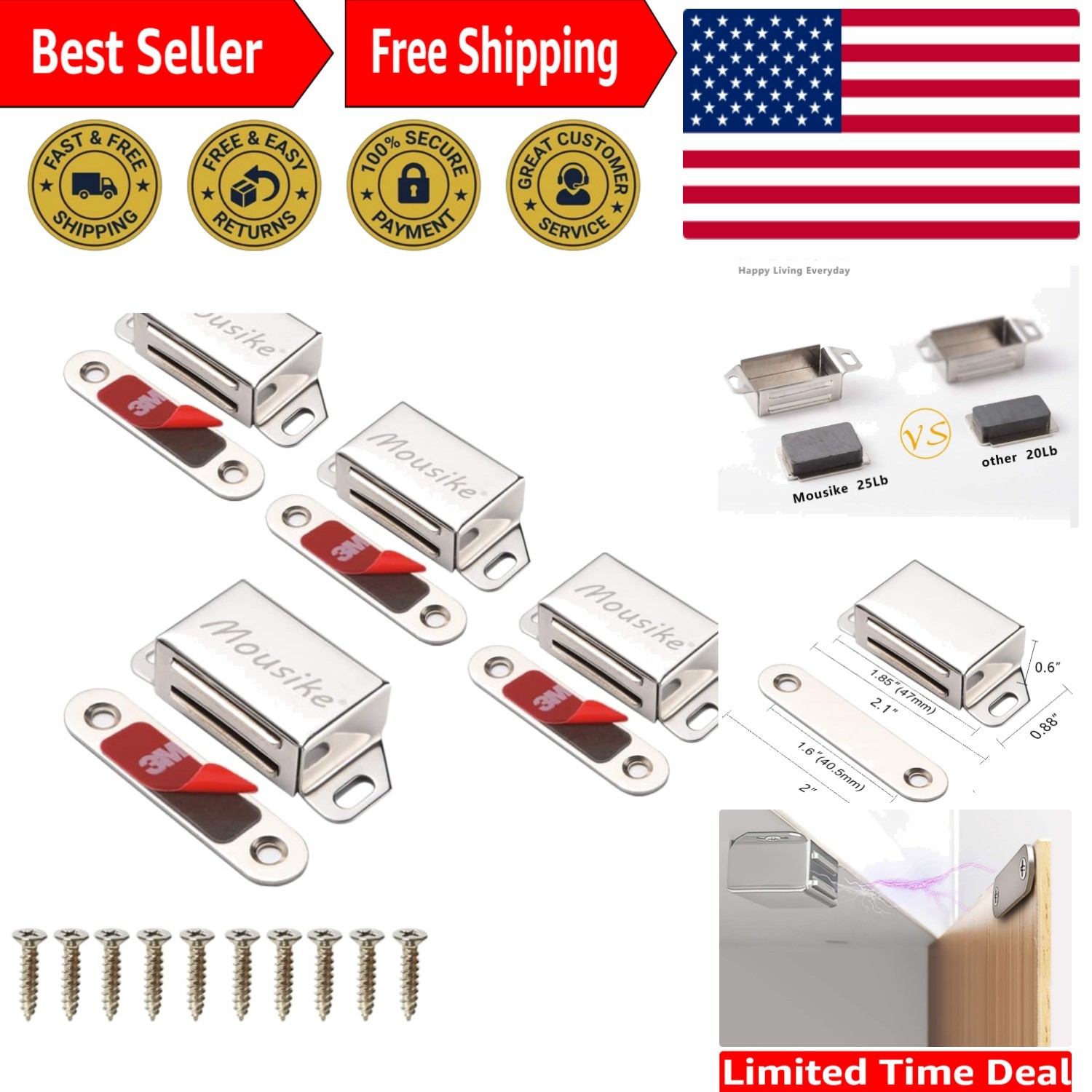 Child & Pet Safe Stainless Steel Magnetic Catch for Doors & Drawers - 4 Pack gallery