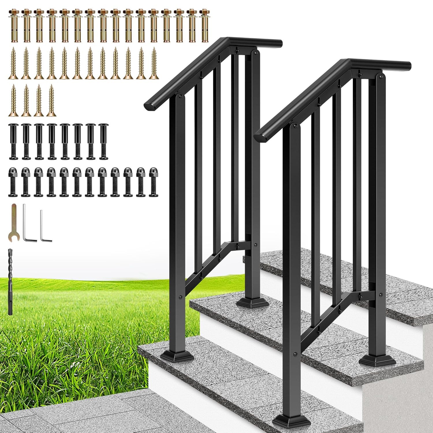 2Pack 2 Step Galvanized Steel Step Handrail Stair Railing Outdoor Deck Hand Rail gallery