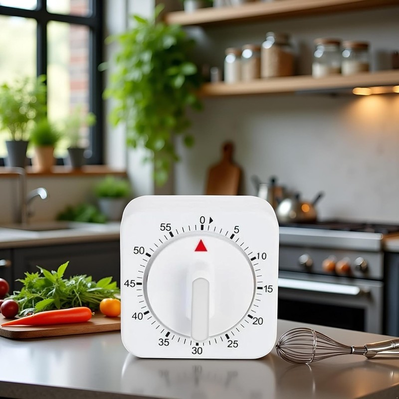 Eco-Friendly White Kitchen Timer - 60-Minute Mechanical Clock, No Batteries gallery