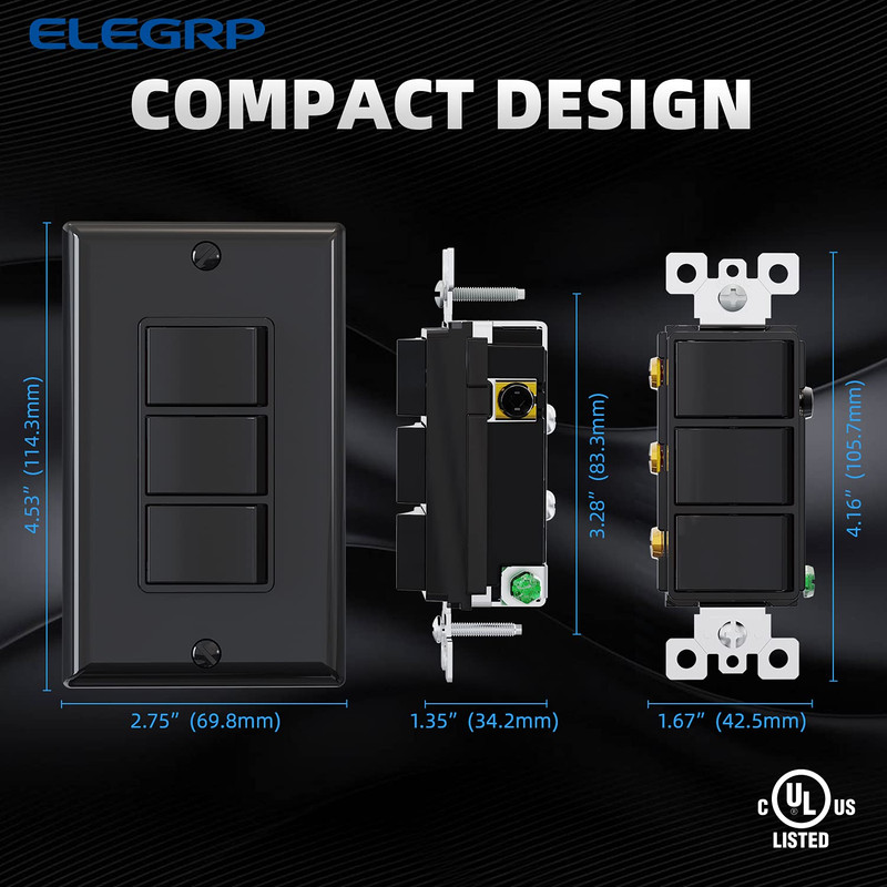 Decorator Triple Rocker Switch, Single Pole Electrical Paddle, 15A 120V In-Wall gallery