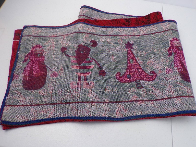 Christmas Runner Tapestry Table Trees, Santa, Snowman Red 12" x 70" Long gallery