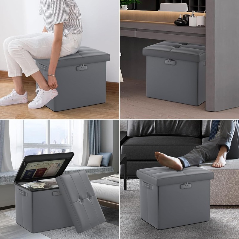 Storage Ottoman with Lock,Fireproof Folding Ottoman Foot Rest Stool Storage C... gallery