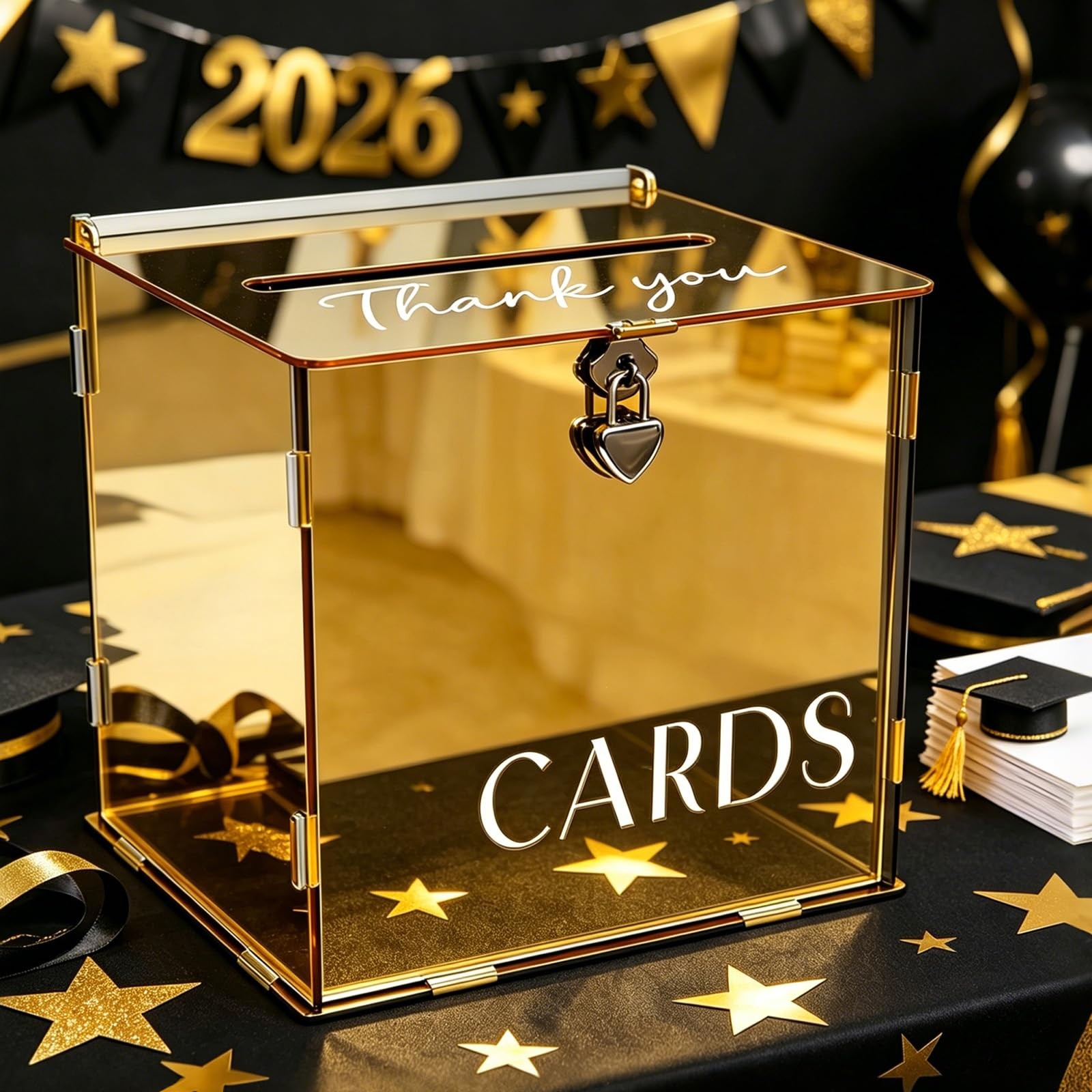 Metallic Gold Mirror Acrylic Card Box Lock Slot Wedding Money Gift Envelopes gallery