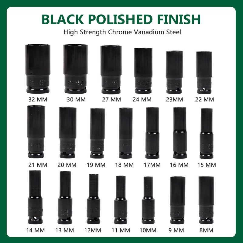 1/2Inch Impact Sockets Set 20 PCS Drive Metric 8mm-32mm Deep 6-Point Set w/ Case gallery