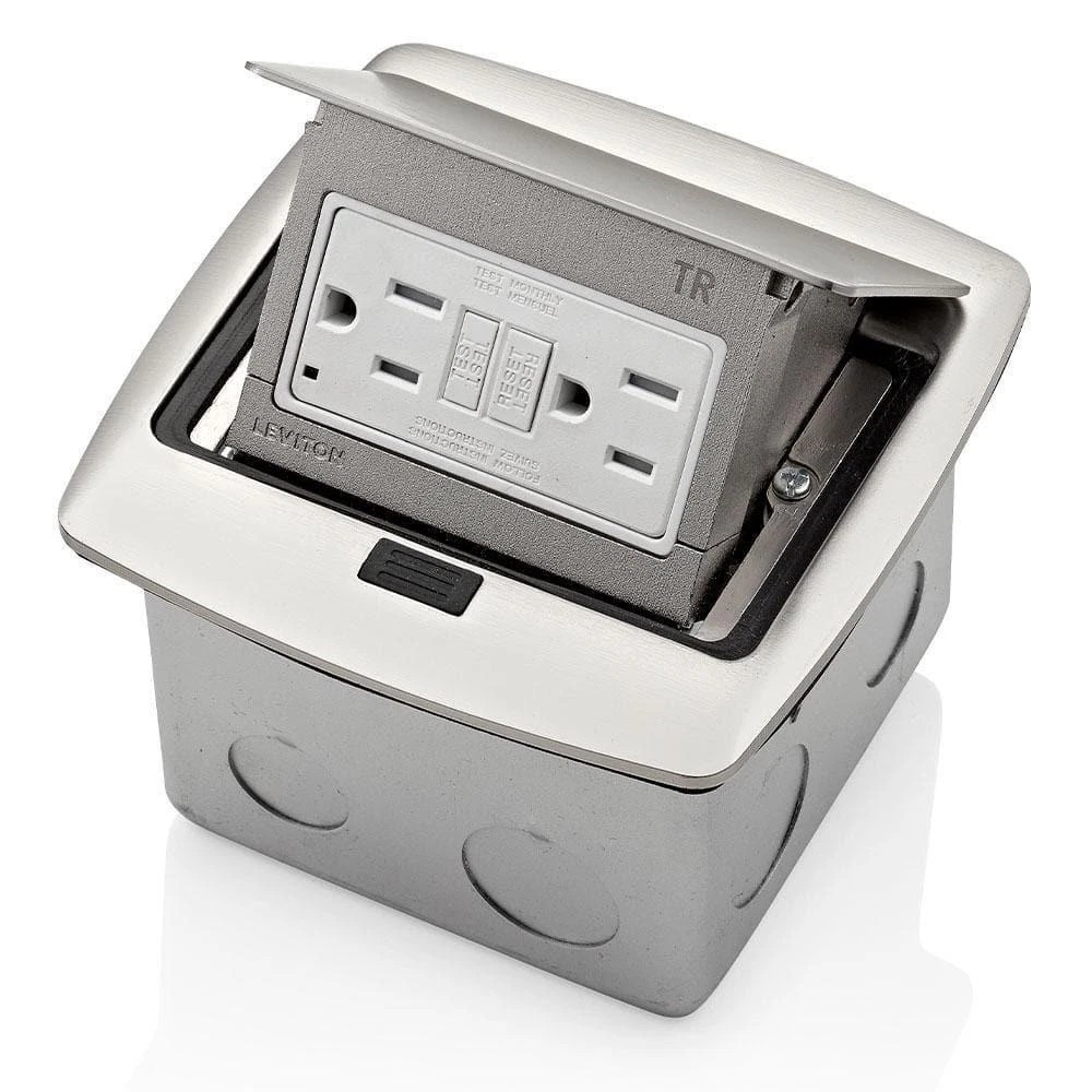 Pop-Up Floor Box with 15 Amp, Tamper-Resistant Self-Test GFCI Outlet, Brushed gallery