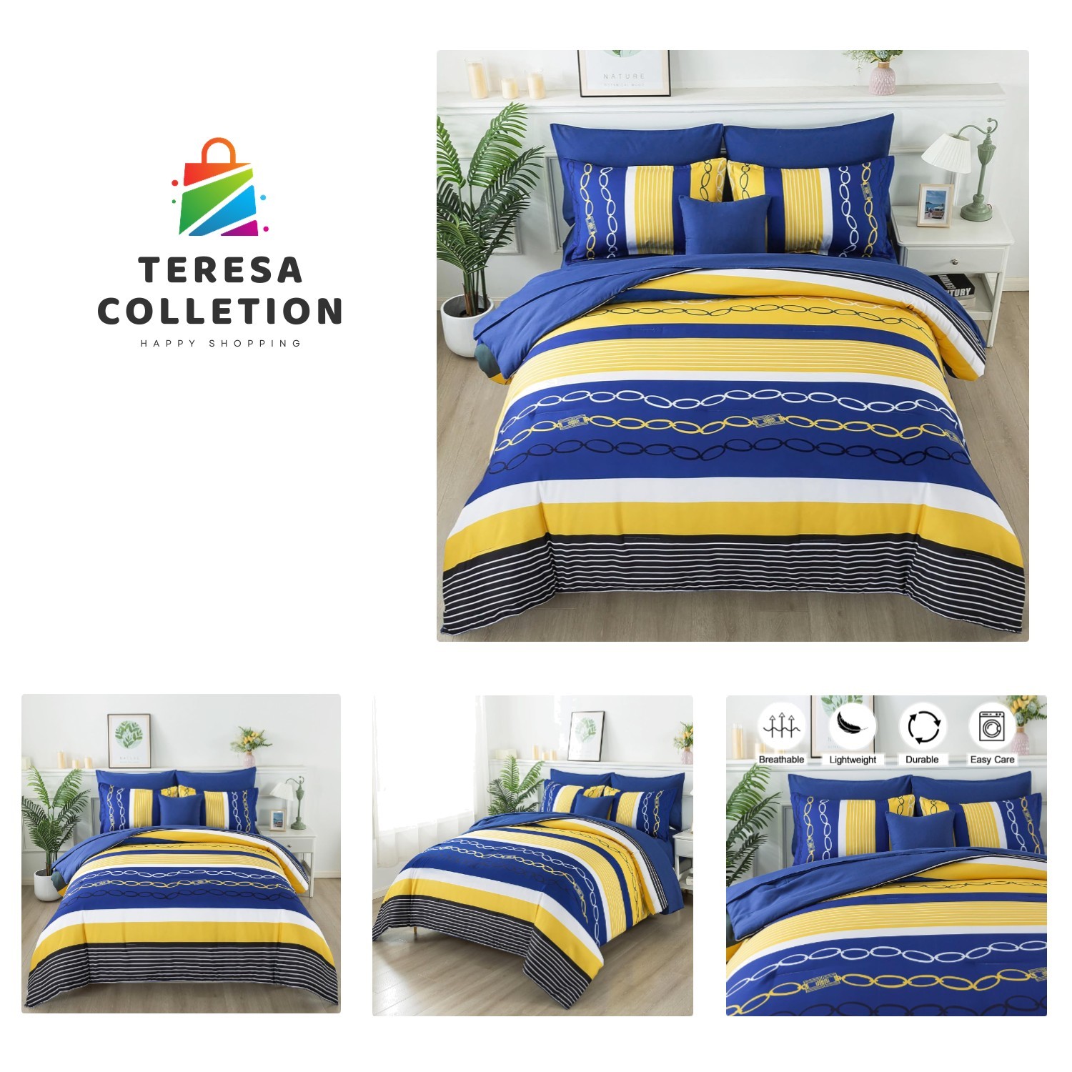 Comforter Set California King Size,Blue Yellow Stripe Striped Bed in a Bag, S... gallery