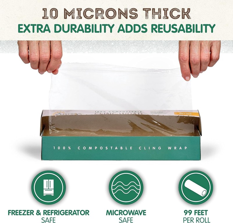 KC’s Compostable Cling Wrap – 99 ft × 12 in Roll, Extra-Thick 10 μm Plant-Based gallery
