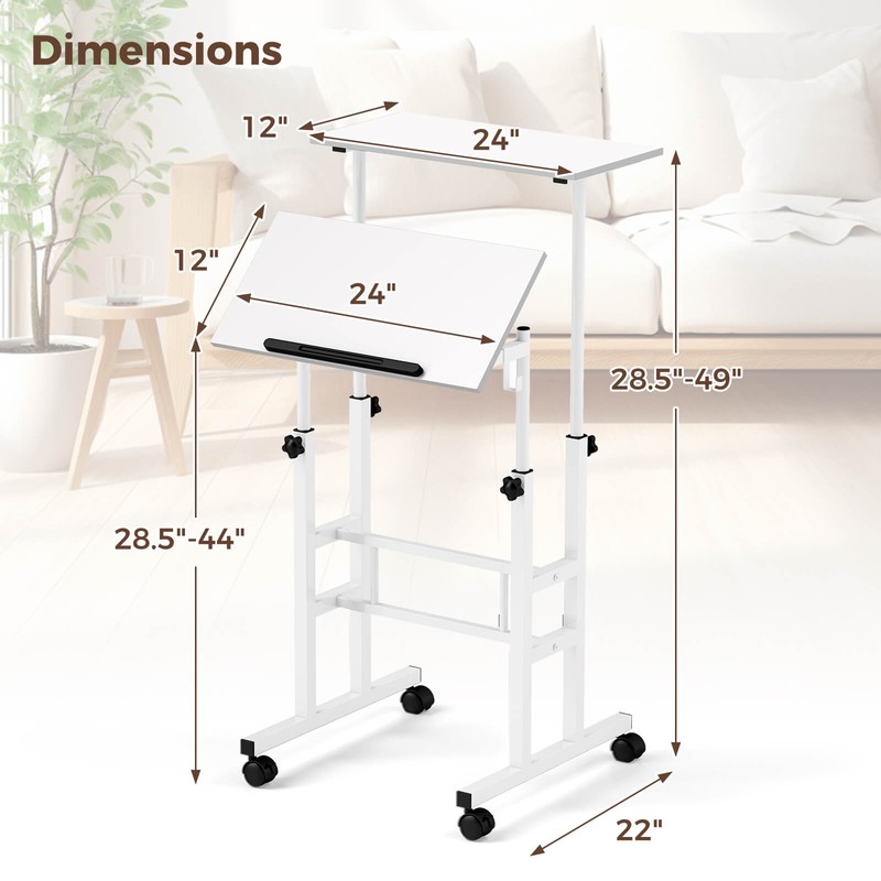 Height Adjustable Mobile Standing Desk w/Tiltable Desktop & 2 Hanging Hooks gallery