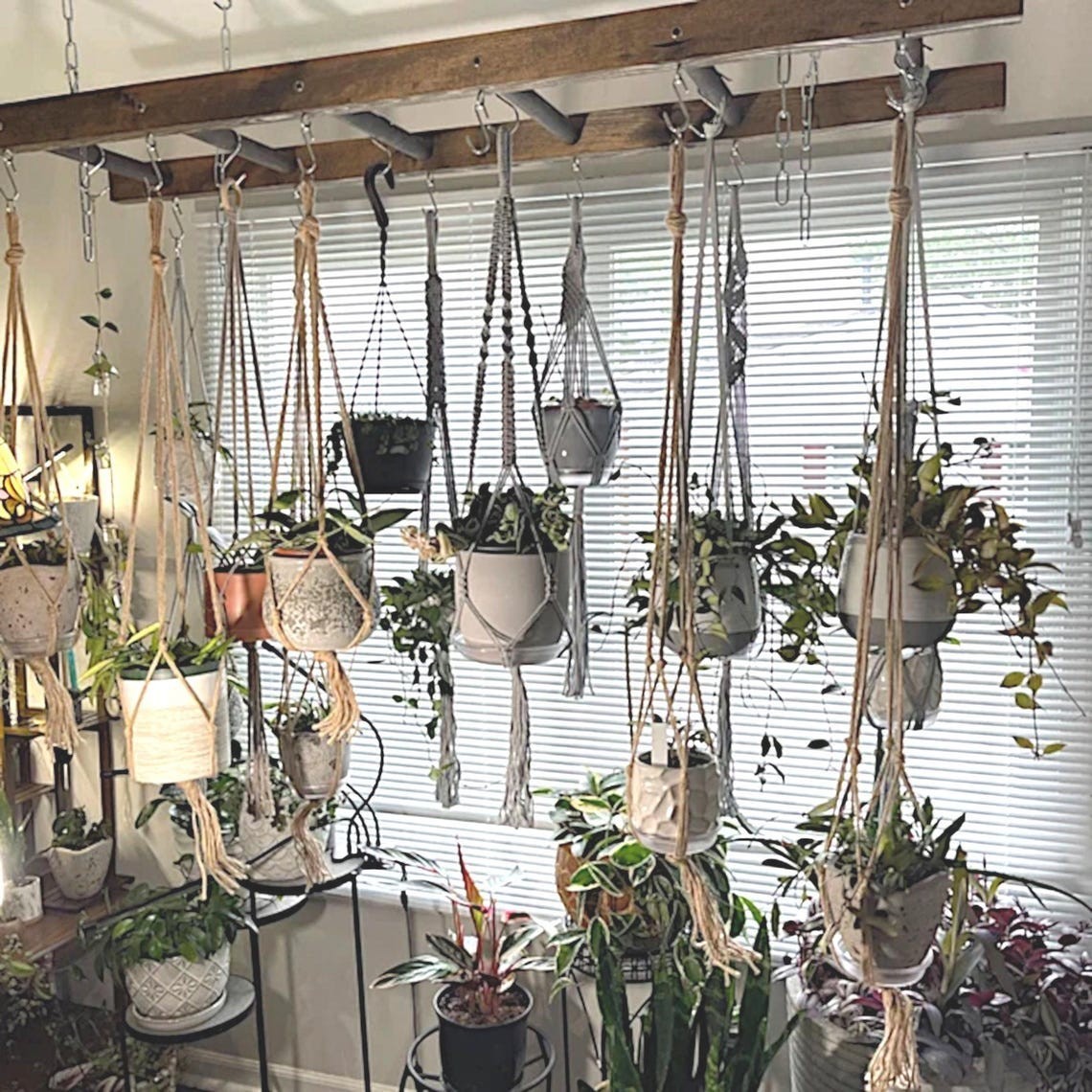 Farmhouse Kitchen Island Pot Rack Ladder - Walnut Stained Wooden Rack gallery
