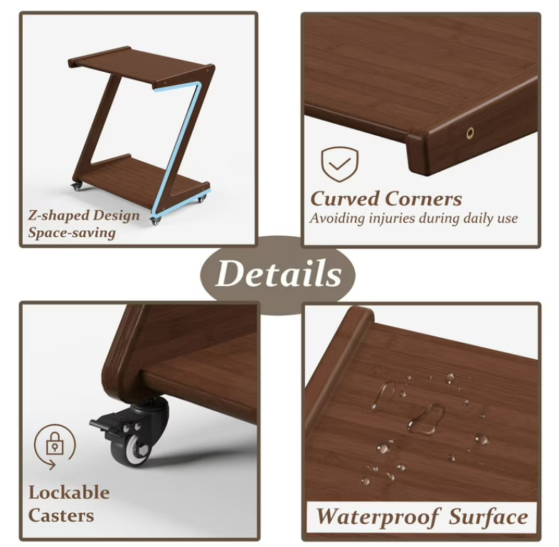 Bamboo Z-Shape End Table with Casters, 2-Tier Side Table Walnut gallery