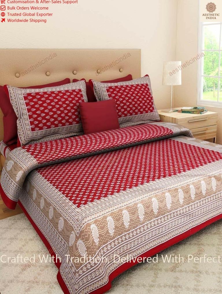 Indian Floral Printed 3 Kaam Buti Red Double Bed Sheet With Two Pillow Cover gallery