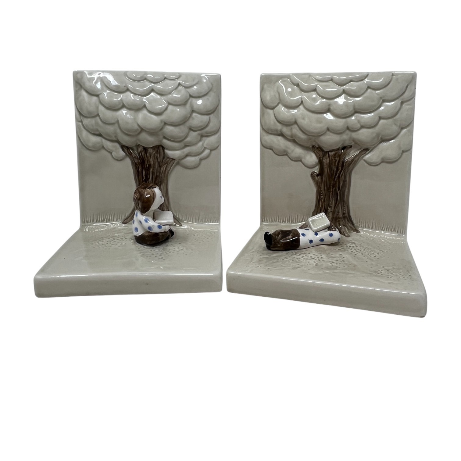 Fitz & Floyd Bookends 1976 Boy Napping Girl Reading Neutral Library Kids Room gallery
