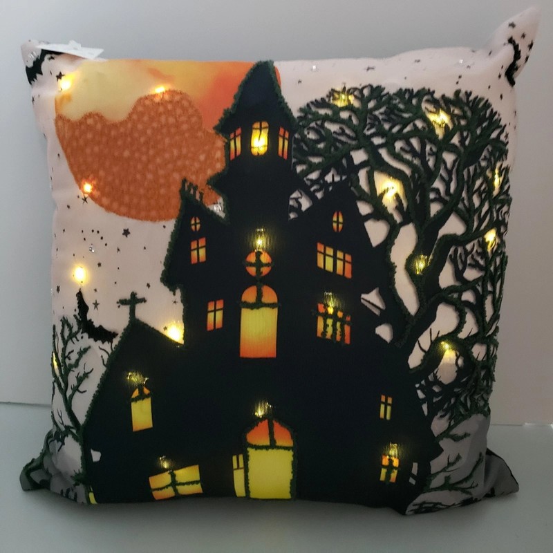 NEW Home Reflections Spooky Haunted House Punch Needle Light Up Halloween Pillow gallery