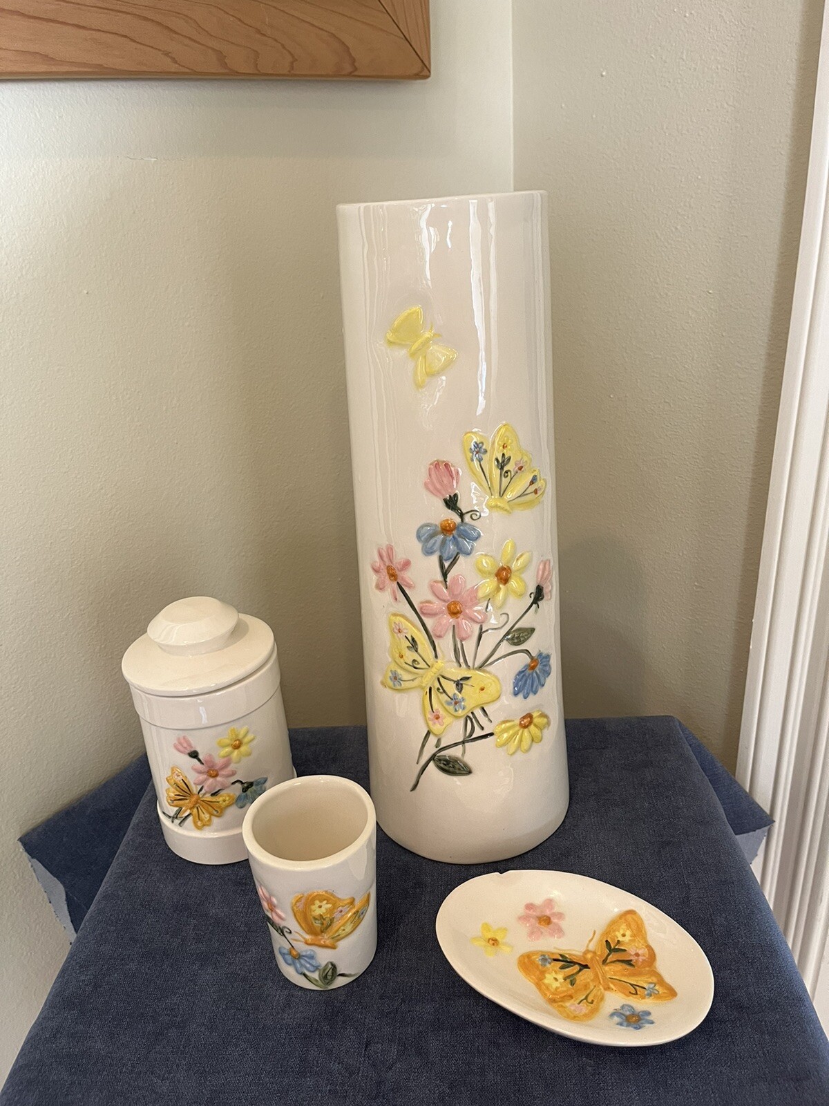 Unique Vintage Handpainted Ceramic Bathroom Set 4 Pieces Butterfly Flowers 1975 gallery