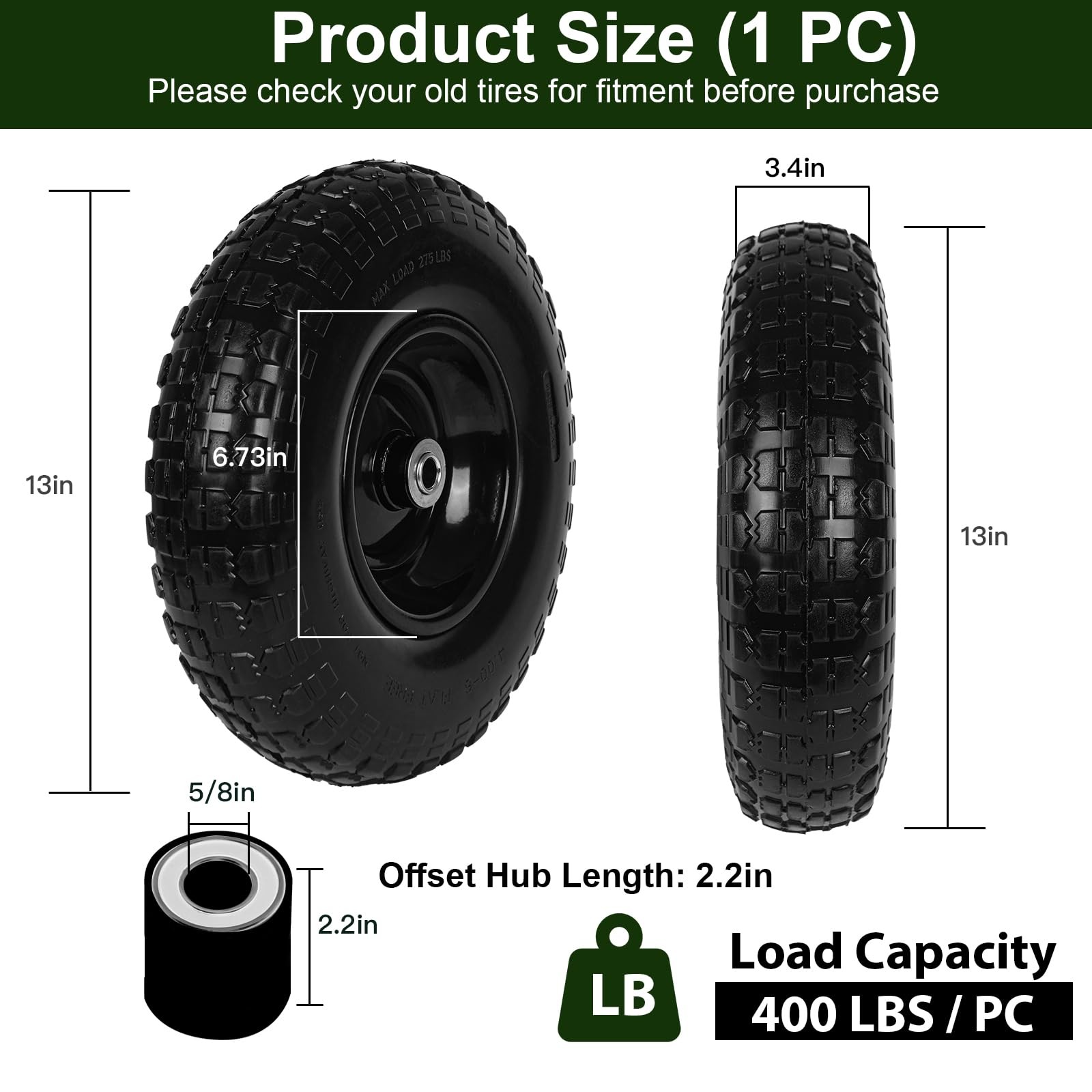 1 PC 13 Inch Rubber Solid Flat Free Replacement Tires and Wheels 4.00-6 with ... gallery
