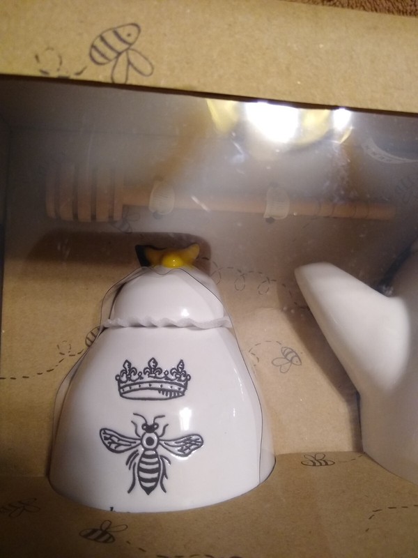 Rae Dunn Artisan Collection Bee Happy Tea Pot Crown and Honey Pot Brand New HTF gallery