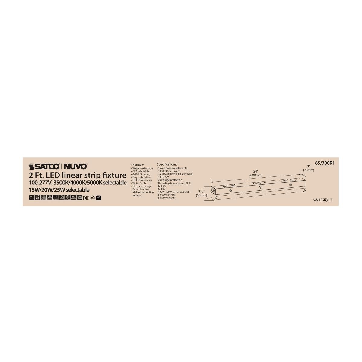 Satco 65-700R1 - 2 Ft LED Linear Strip Light Field Selectable (1, 2, 4 or 8 PK) gallery