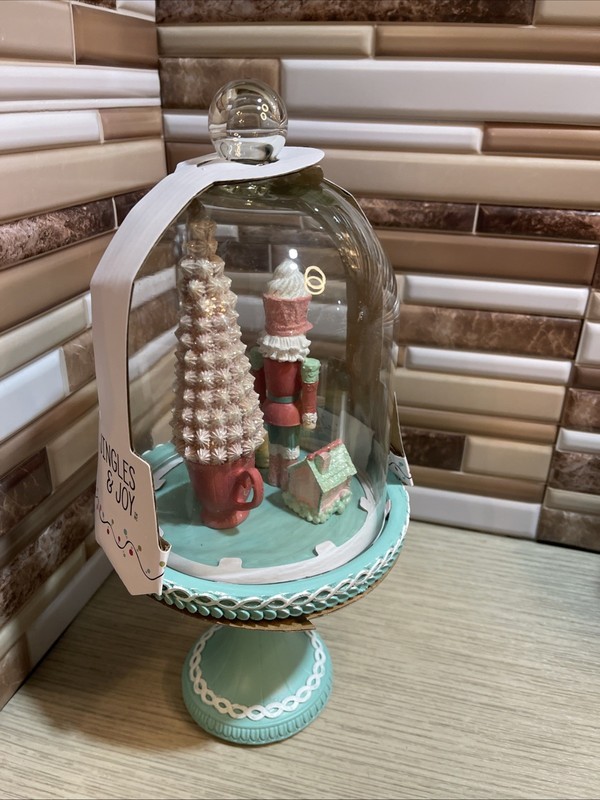 Nutcracker Cloche Dome Stand Decor Gingerbread Peppermint Tree Macaroons 12.5" gallery