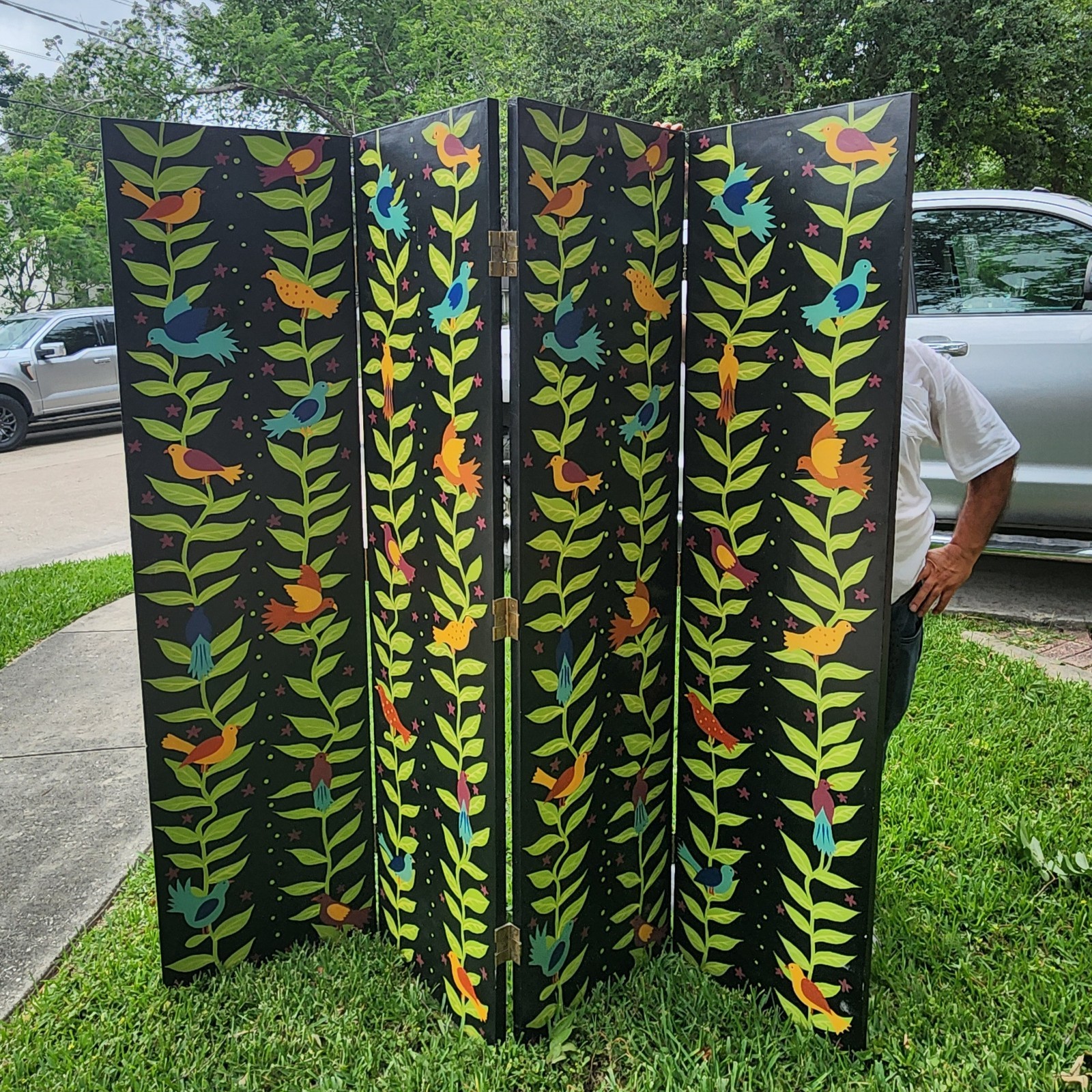 Susan Sargent Hand-Painted Fourfold Folding Screen with Birds and Vines gallery