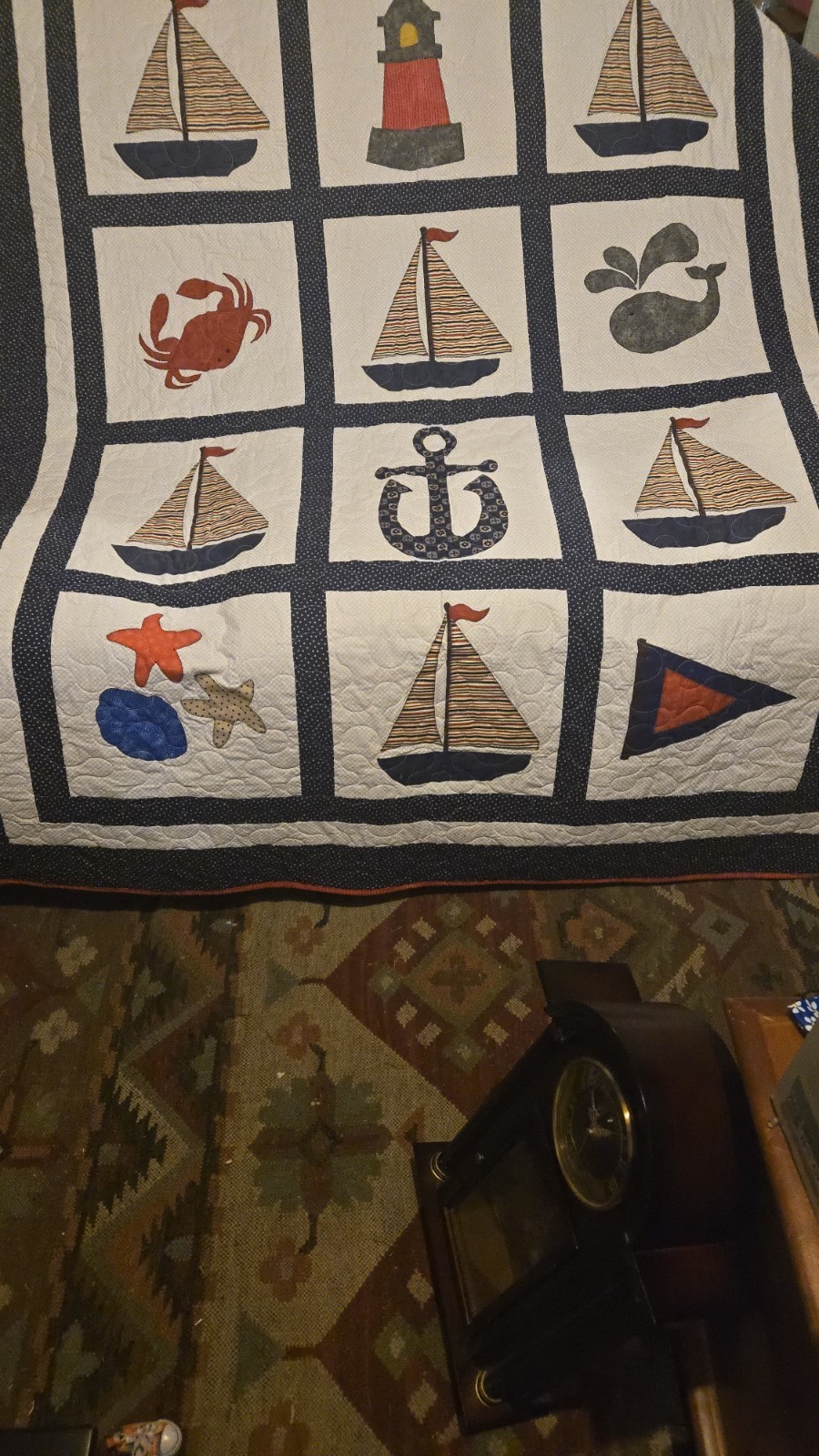 Nautical Quilted Quilt Blue White Red lighthouse ocean sailboat twin 64 x 60 in gallery