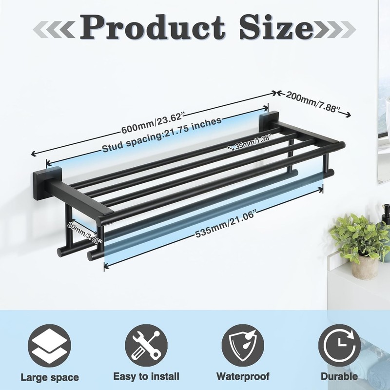 Double Towel Rack for Bathroom Wall Mounted 24 Inch Bathroom Tower Holder Black gallery