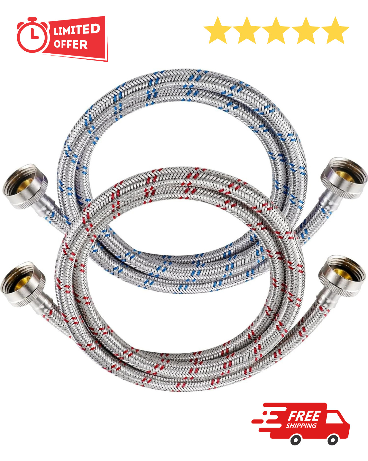 4 Ft Washing Machine Hoses, 2 Packs Premium Stainless Steel Washer Hoses Burst gallery