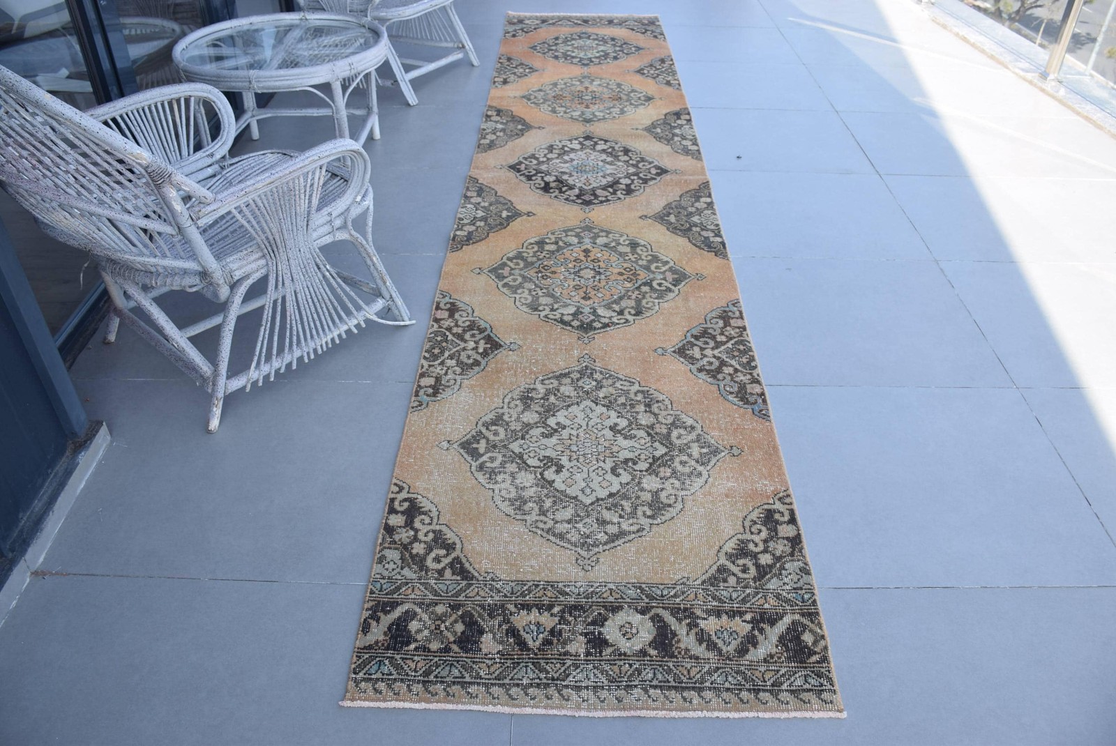 Vintage Turkish Rug, 2,8x13,2 ft Runner Rug, Beige Brown Abstract Rug gallery