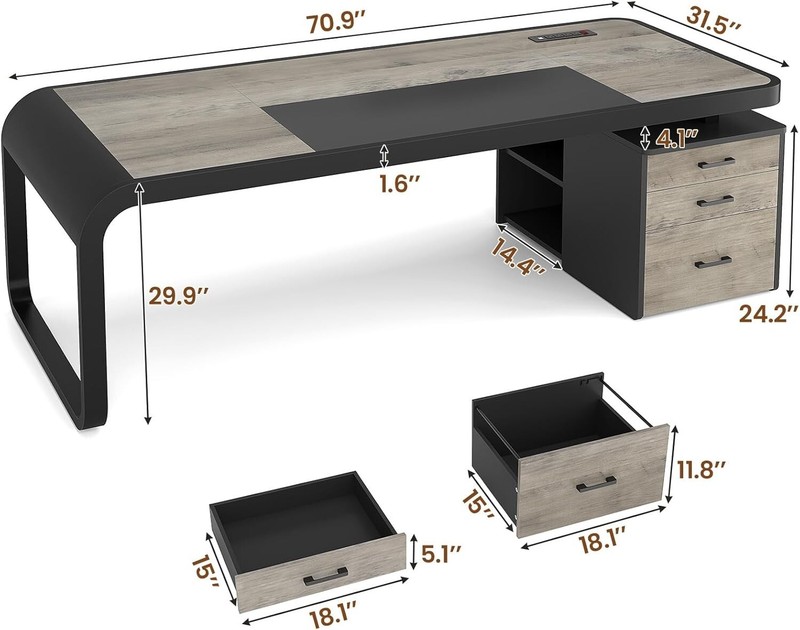 70.9" Executive Desk, Large Computer Desk with Lateral File Cabinet, Office Desk gallery