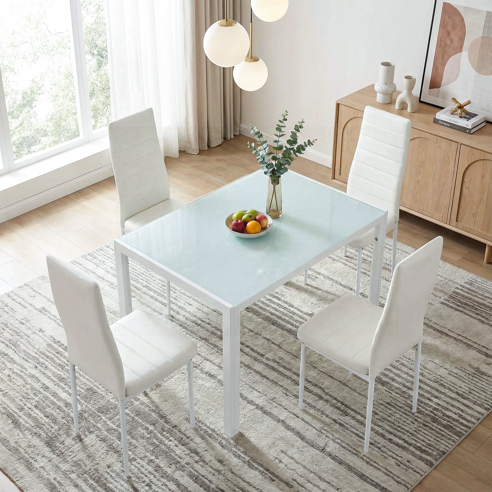 5pcs Dining Furniture Set, Tempered Glass Table & 4 Upholstered PU Chairs gallery