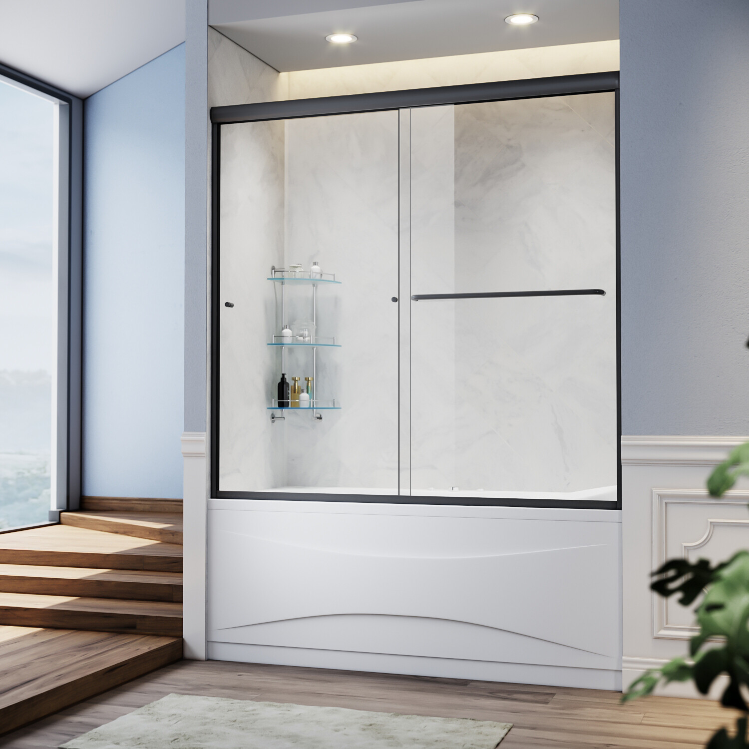 SUNNY SHOWER Sliding Semi Frameless Tub Door 60" W x 57" H Black Brushed Nickel gallery