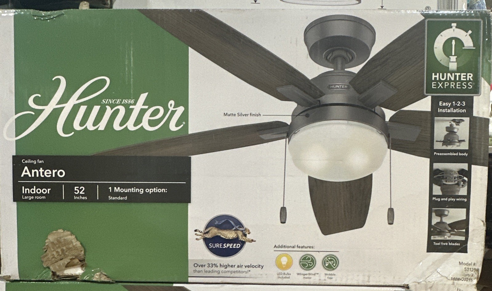 NEW Hunter Antero 52 in. Hunter Express Indoor Matte Silver Ceiling Fan gallery