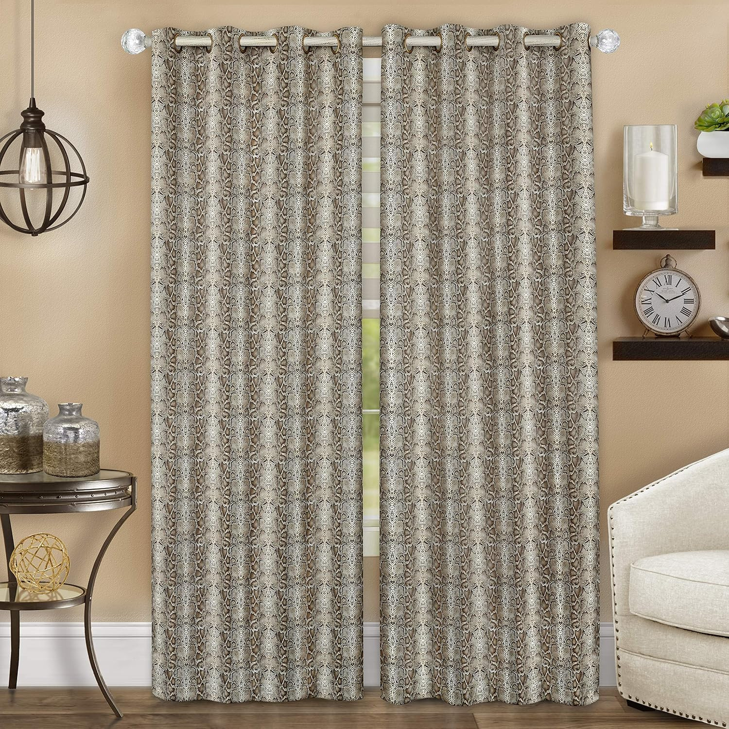 Home Furnishings Python Grommet Window Curtain Panel, 52" X 63", Brown/Gold gallery