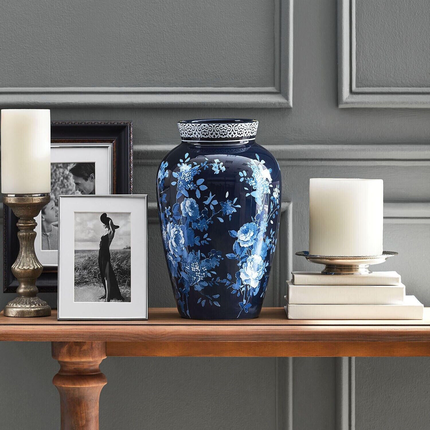 Member's Mark Decorative Ceramic Blue Vase with Removable Hydrangeas gallery