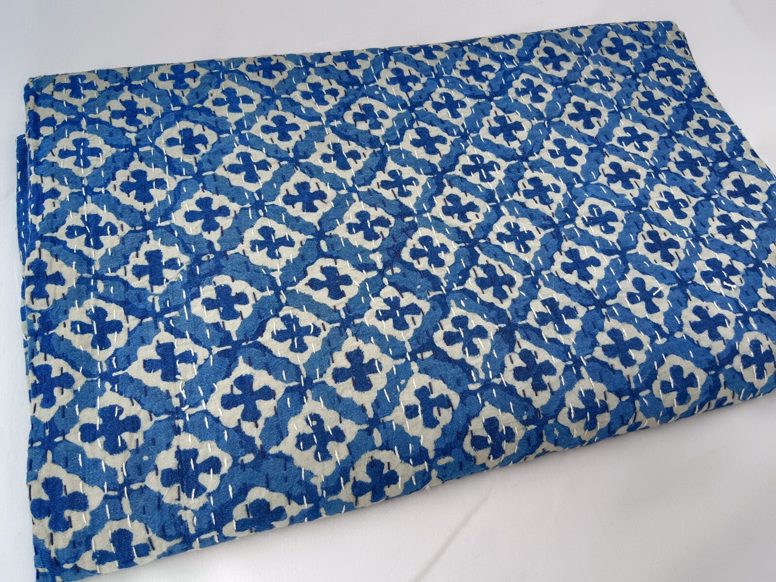 Handblock Printed Handmade Quilt Kantha Indian Blue Printed Set Bedspread Throw gallery