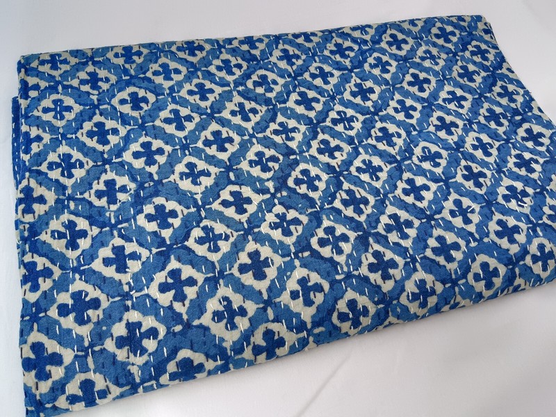 Handblock Printed Handmade Quilt Kantha Indian Blue Printed Set Bedspread Throw gallery