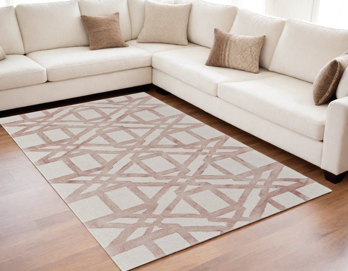 5' X 8' Ivory Pink and Tan Wool Geometric Hand Tufted Area Rug gallery