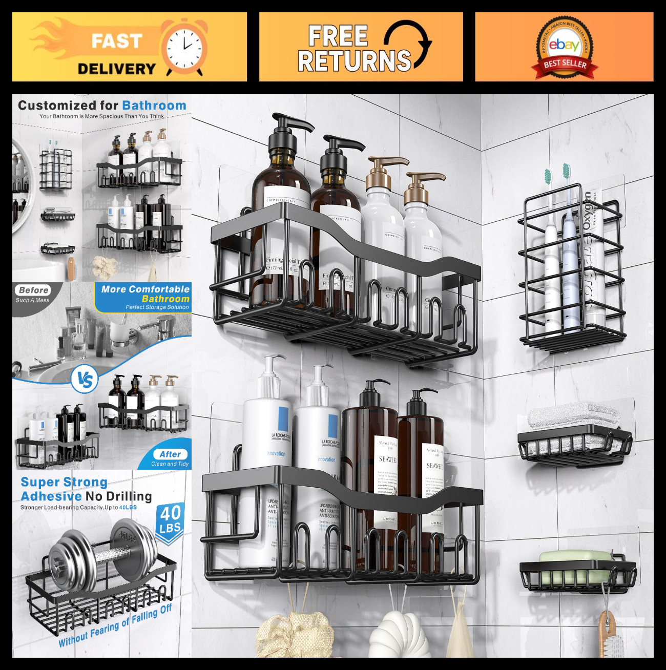 Rustproof Stainless Steel Shower Caddy Set, 5 Pack Adhesive No-Drill Bath Organi gallery