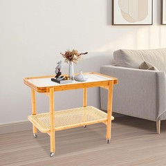 Log Color 2-Tier Rectangular Coffee Table Tempered Glass Bamboo Rattan Wheels